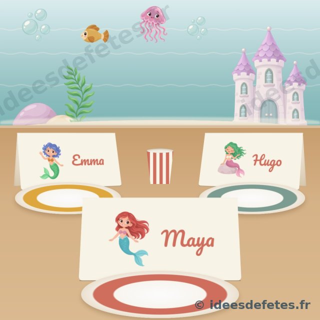 Marque-places sirène à imprimer : une carte au prénom de chaque enfant avec une sirène du lagon, debout derrière son assiette