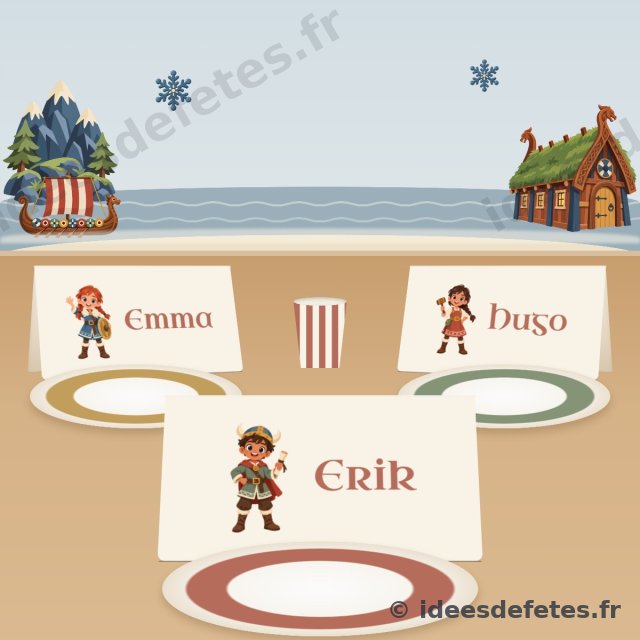 Marque-places viking à imprimer : une carte au prénom de chaque enfant avec un personnage du village, debout derrière son assiette