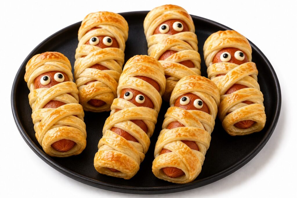 Saucisses momies enroulées dans des bandes de pâte feuilletée dorée avec petits yeux, recette Halloween salée