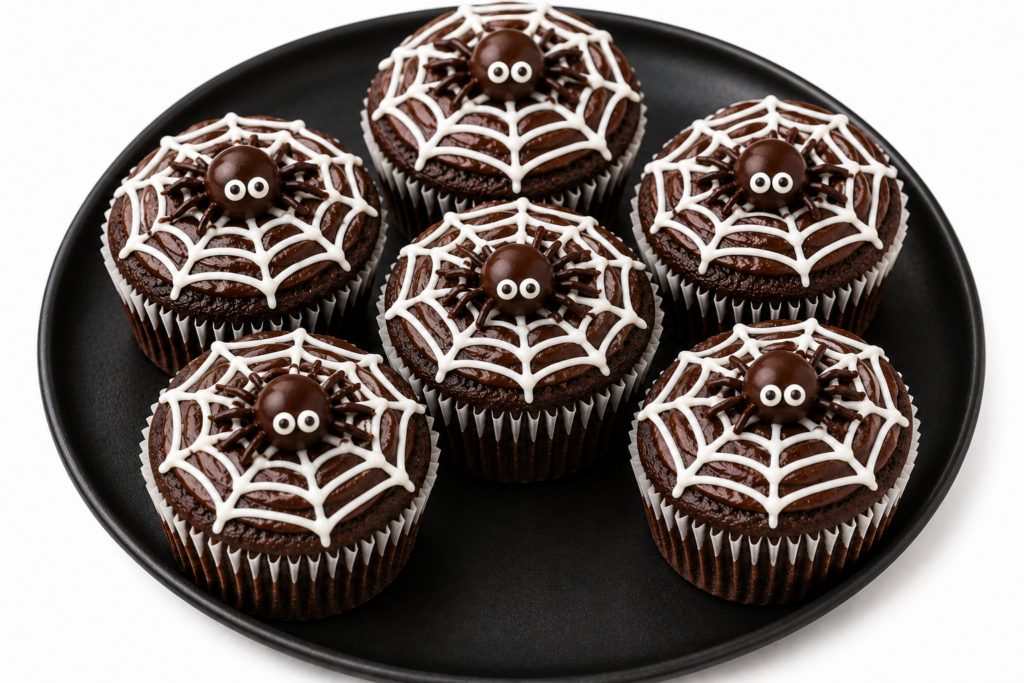 Muffins au chocolat décorés d'une toile d'araignée en glaçage blanc et d'une petite araignée, recette Halloween
