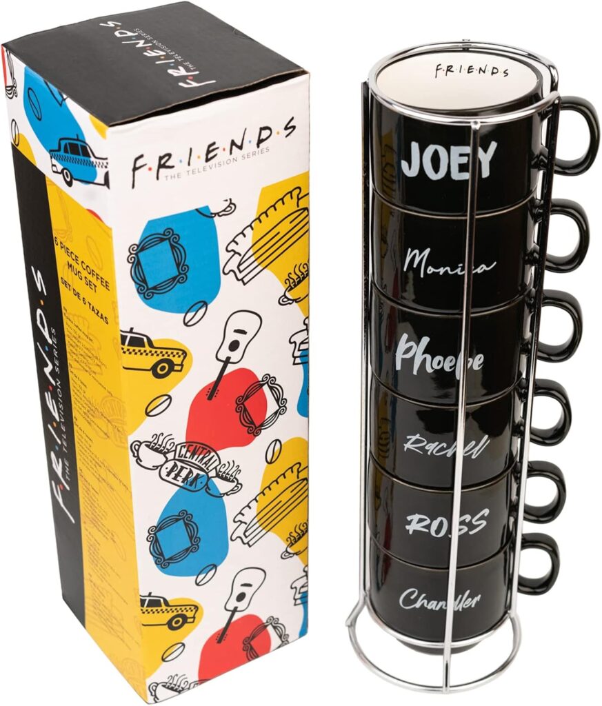 Lot de six mugs empilables Friends aux prénoms des personnages, avec leur support