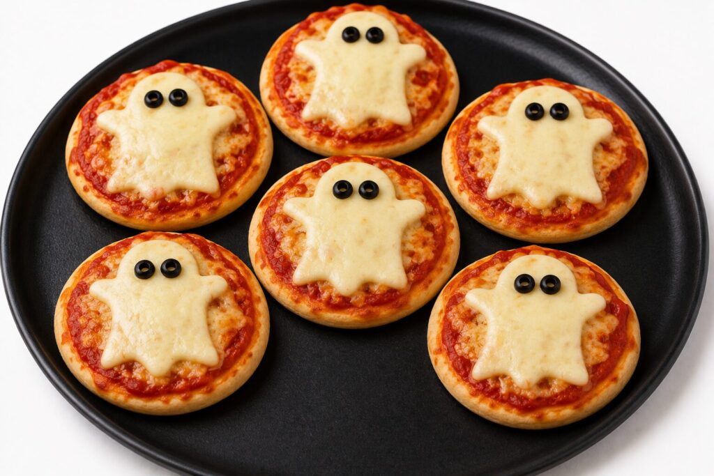 Mini-pizzas fantômes : sauce tomate, fromage découpé en fantôme et yeux en olives noires pour le goûter salé