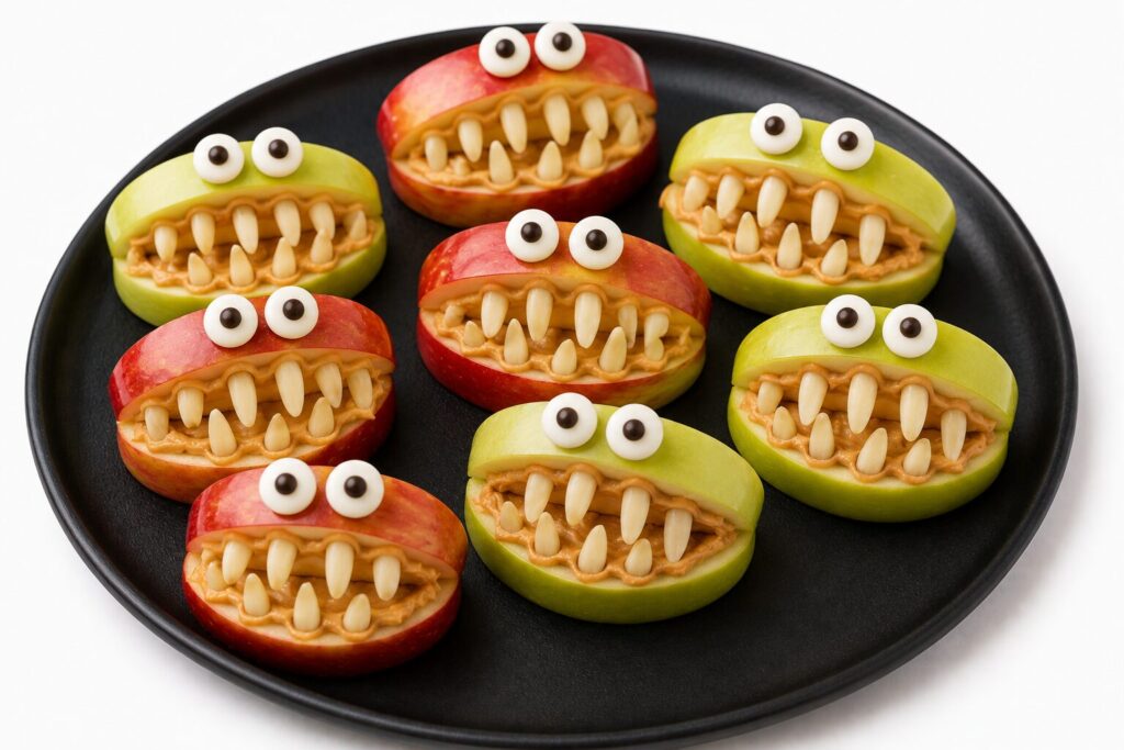 Quartiers de pommes rouges et vertes en bouches de monstres avec dents en amandes et yeux en sucre