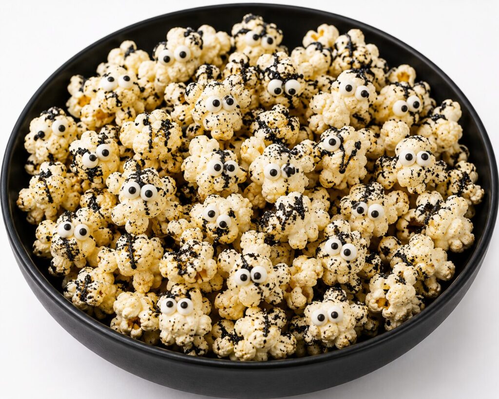 Bol de pop-corn de l'épouvante décoré de petits yeux en sucre et de vermicelles noirs pour le goûter Halloween