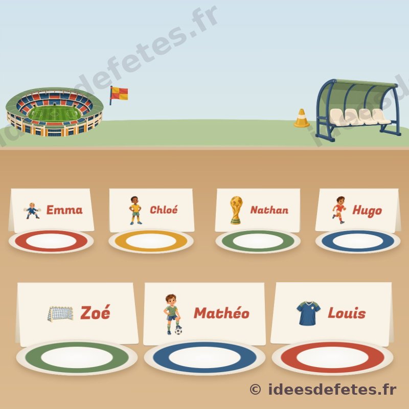 Porte-prénoms football à imprimer : les cartes au prénom des invités autour de la table du goûter