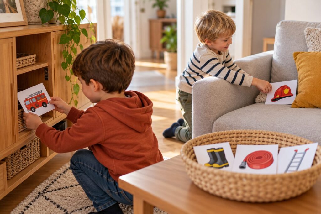 Jeu « Retrouver le matériel » : cartes de casque, bottes, lance et échelle cachées sur les meubles, et panier à remplir