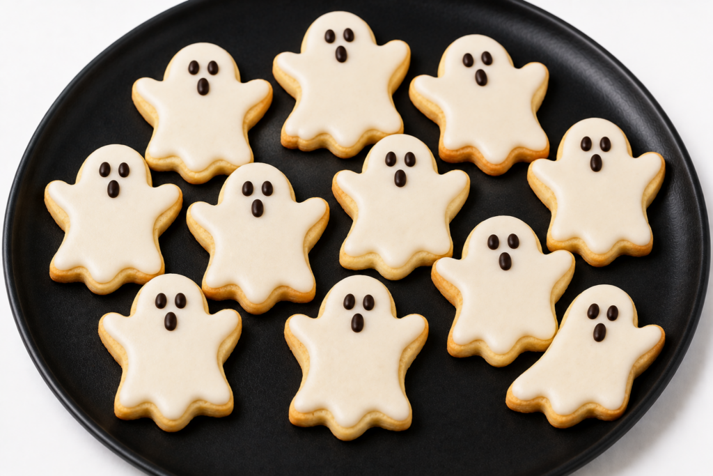 Sablés en forme de fantôme au glaçage blanc avec yeux et bouche en chocolat, à préparer en famille pour Halloween