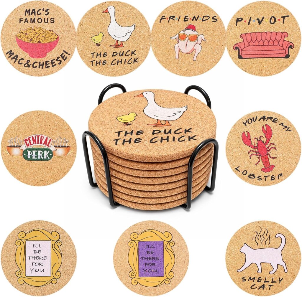 Sous-verres en liège Friends avec support : Central Perk, The Duck The Chick, Pivot et Lobster