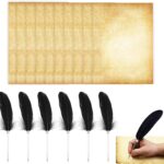 Stylos plume à plume noire et feuilles de papier parchemin vieilli pour écrire les indices d'une soirée enquête