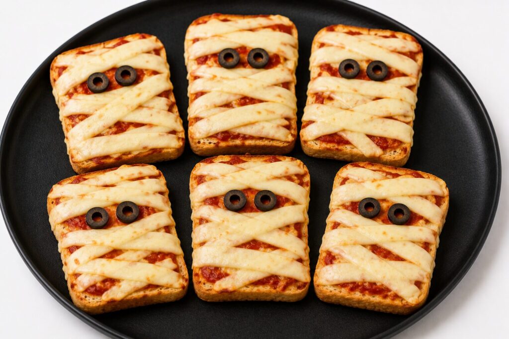 Tartines momies au pain de mie, sauce tomate et lamelles de fromage avec yeux en olives, recette Halloween express
