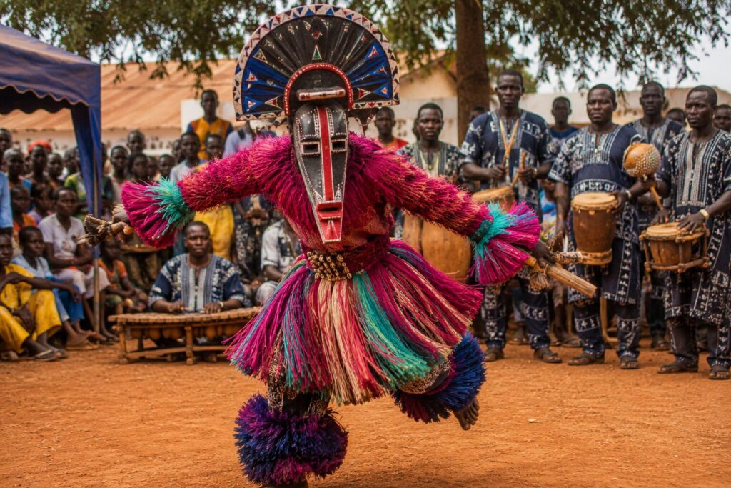 Danseur Zaouli au masque coloré et costume à franges multicolores accompagné de tambours en Côte d'Ivoire
