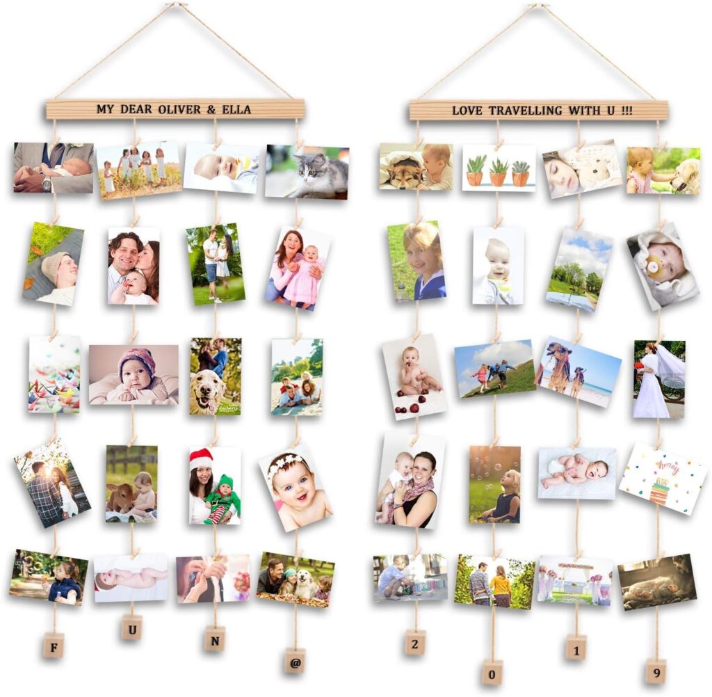 Accroche-photos murales en ficelle et pinces avec photos de famille pour un calendrier de l'Avent souvenirs