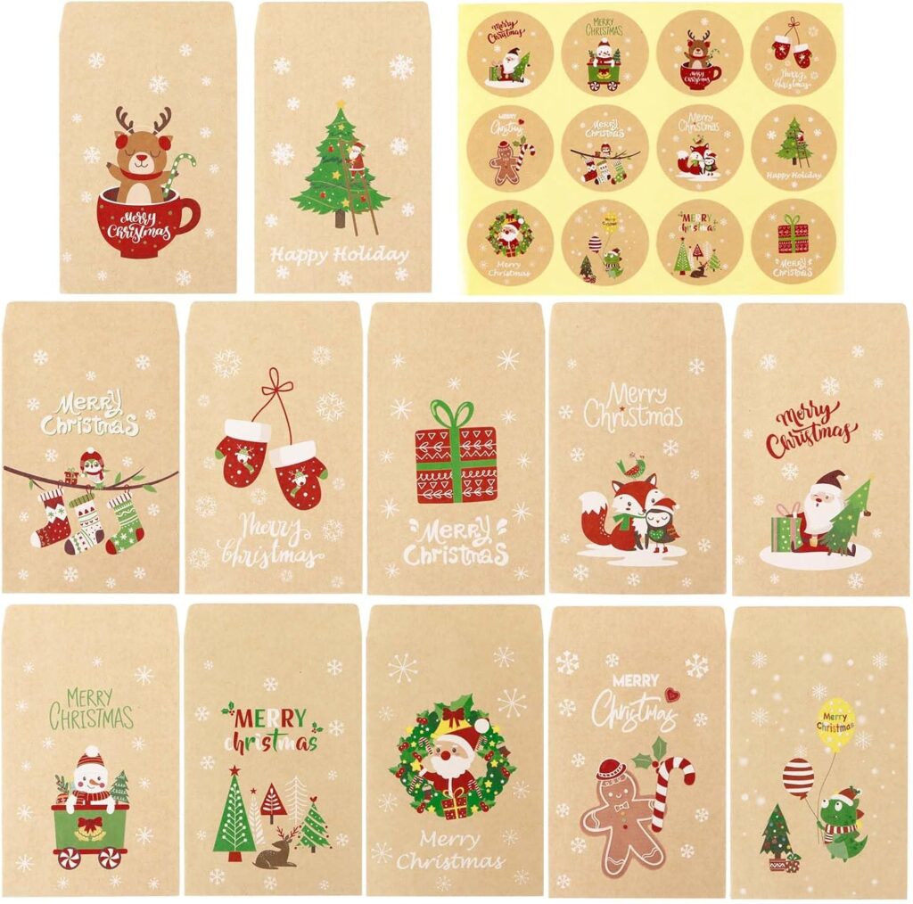 Enveloppes kraft illustrées de motifs de Noël et autocollants ronds pour un calendrier de l'Avent en enveloppes