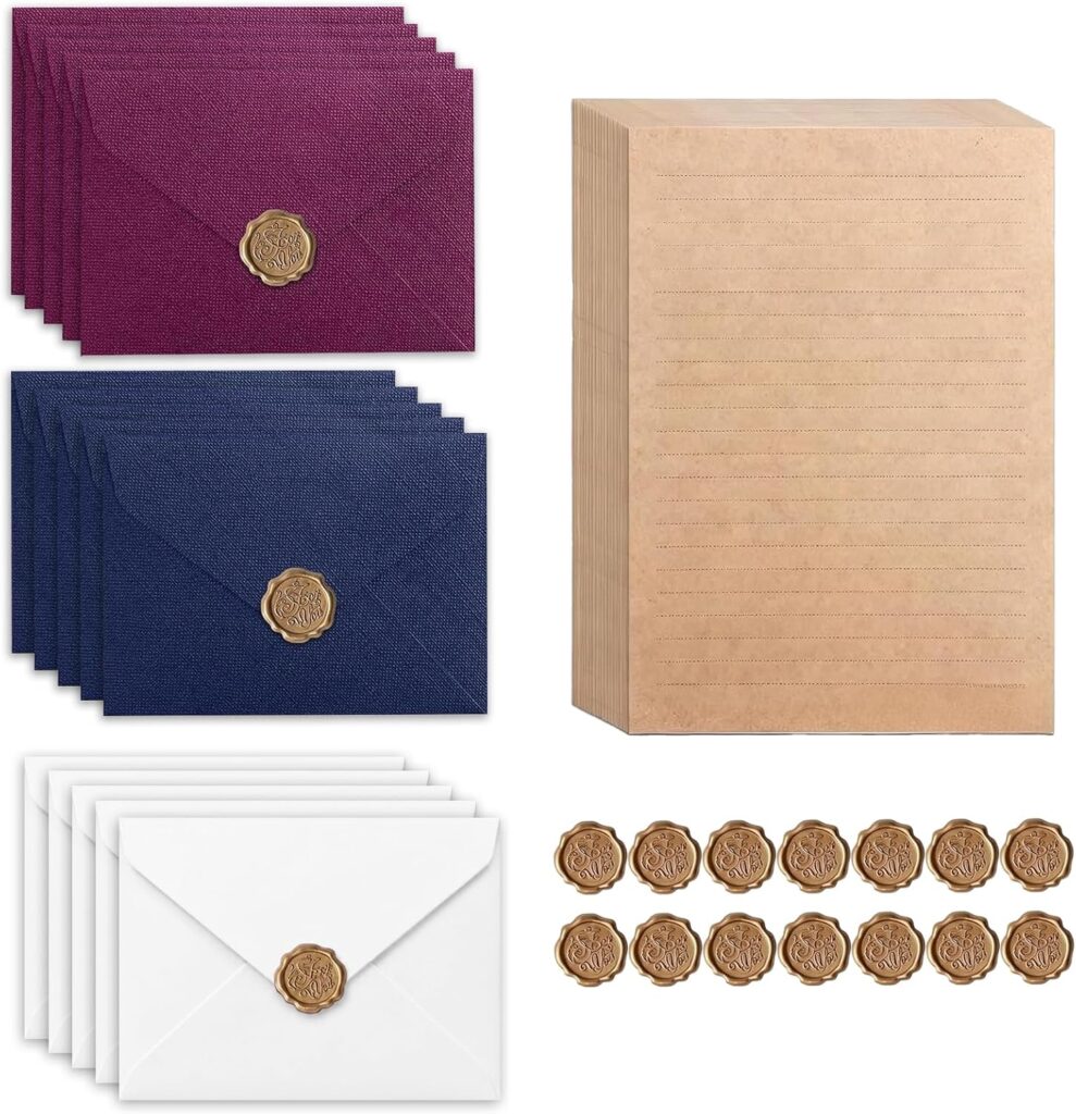 Enveloppes bordeaux, bleues et blanches à cachet de cire doré et papier à lettres kraft pour écrire 24 petits mots doux